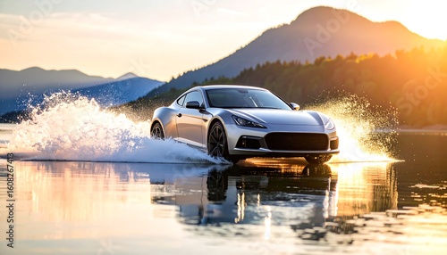 Silver sports car on water at sunset