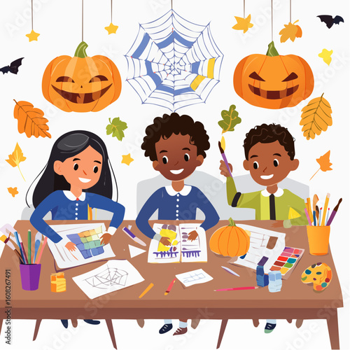 Three diverse children happily drawing and painting Halloween decorations like pumpkins and spiderwebs at a table.