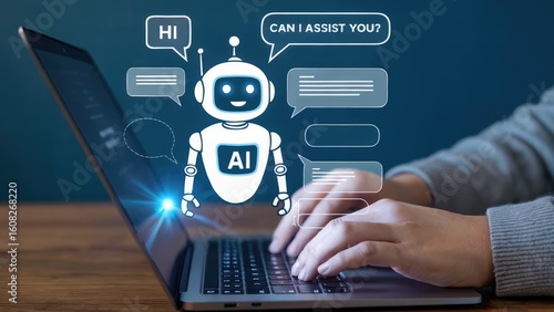 Virtual assistant AI robot helping online with instant support on laptop for dynamic business solutions