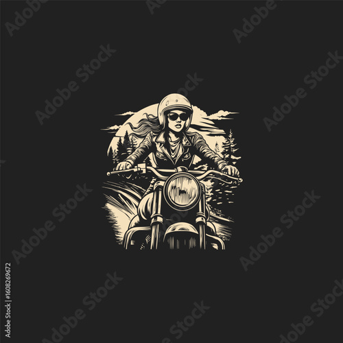 Engraving style illustration of a woman riding a motorcycle