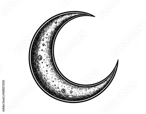 Detailed illustration of a crescent moon with craters and texture, presented in a black and white artistic style.
