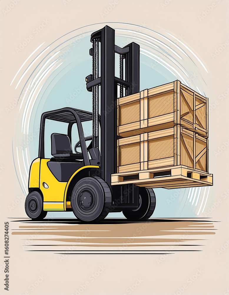 Naklejka premium A vibrant illustration of a forklift lifting wooden crates, highlighting essential equipment in warehouse operations.