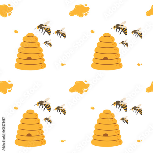 Bees buzzing around hives collecting honey in a bright and colorful illustration