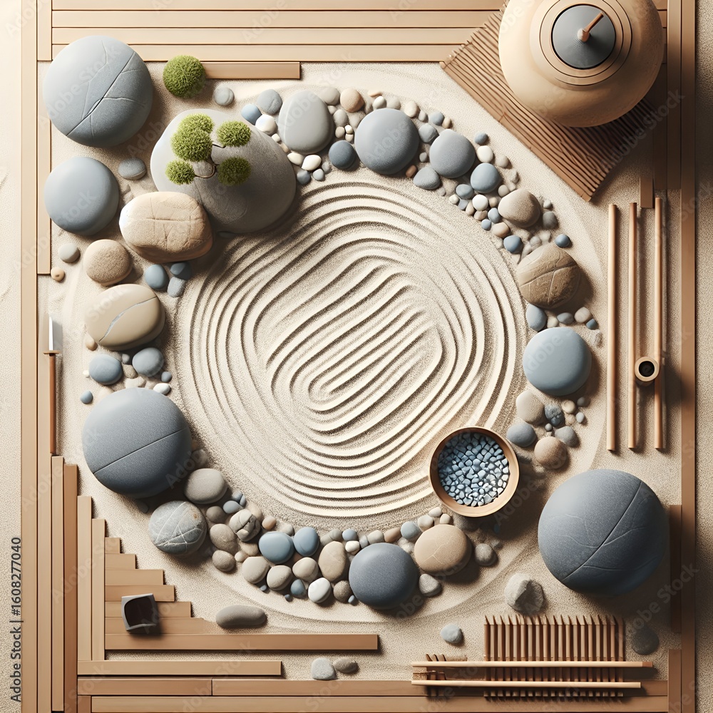 Fototapeta premium Minimalist Zen Garden with Curved Sand and Stone Textures 
