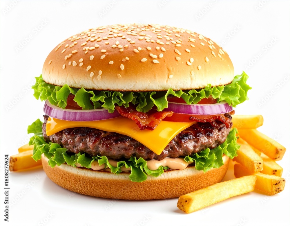 Delicious beef cheeseburger with lettuce, tomato, and onion on a sesame bun, isolated on white Delicious beef cheeseburger with lettuce, tomato, and onion on a sesame bun, isolated on white