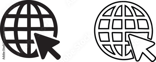 Globe with Cursor Icon Set – Solid and Outline Vector Illustrations Representing Internet Access, Global Web Navigation, Online Search, Domain Access, Network Browsing, Website Click, and Digital Pres