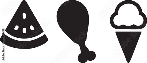 Food Icons Set – Solid Style Vector Illustrations of Watermelon Slice, Chicken Leg, and Ice Cream Cone for Culinary Design, Food Delivery App, Restaurant Menu, Snack Bar, and Nutrition Concepts