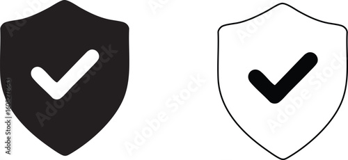 Security Shield with Checkmark Icon Set – Solid and Outline Vector Symbols Representing Safety, Protection, Approval, Antivirus Security, Data Shield, Verified Access, Trusted System, and Cybersecurit