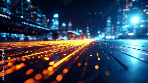 Dynamic Digital Network Flowing Through Futuristic Cityscape at Night