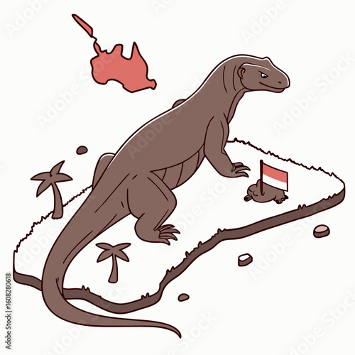 Komodo Dragon on Island with Flag and Australia Map