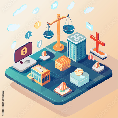 Isometric illustration depicting concepts of finance, law, technology, and religious symbols, with coins and buildings.