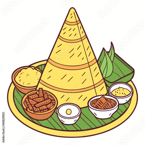 Indonesian Nasi Tumpeng Illustration with Side Dishes