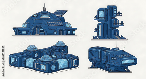 A collection of blue illustrations of various futuristic, sci-fi buildings or spaceships.