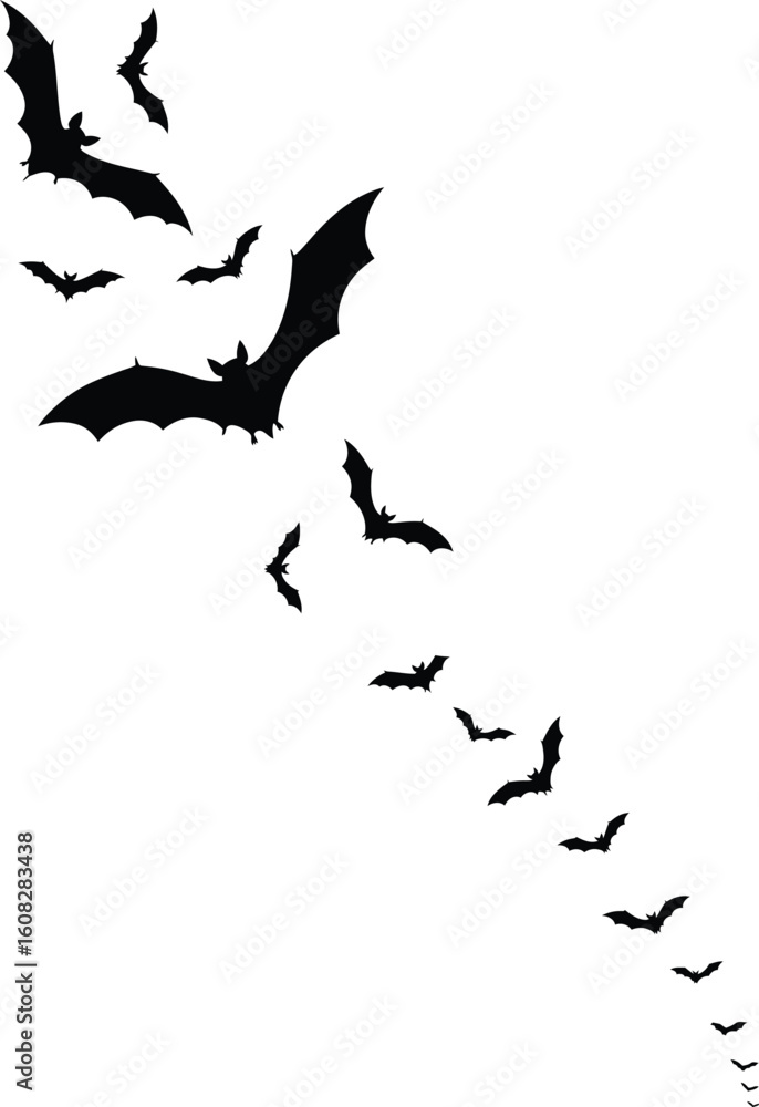 Fototapeta premium A flock of silhouetted bats flying in formation against a stark white background creating a spooky halloween atmosphere