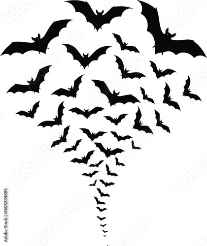 A large flock of black bats flying in a v shape formation against a white background