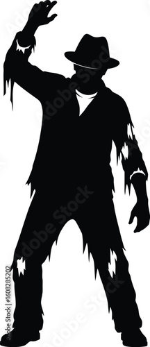 Silhouette of a terrifying zombie in tattered clothing and a fedora hat reaching out with a raised arm