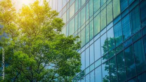 Sustainble green building. Eco-friendly building. Sustainable glass office building with tree for reducing carbon dioxide. Office with green environment.