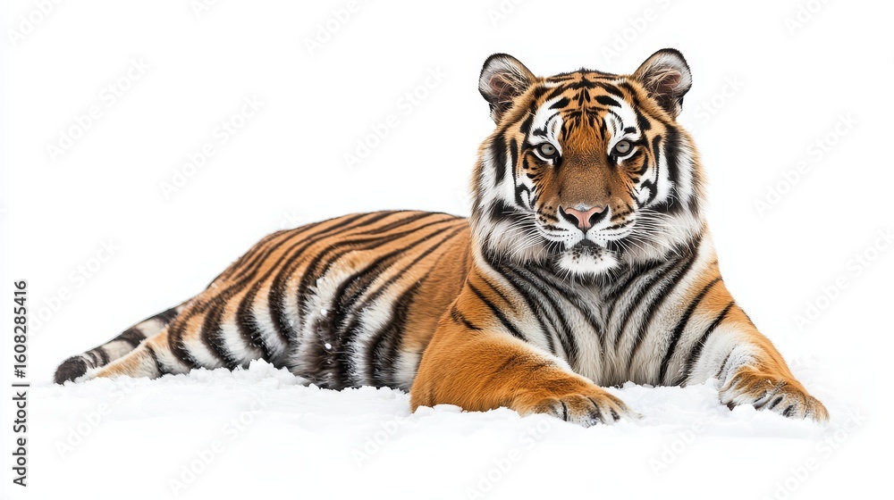 Naklejka premium tiger lying in the snow isolated on white background