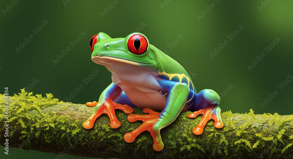 Naklejka premium A vibrant red-eyed tree frog with green, blue, and orange hues perches on a mossy branch, showcasing its striking beauty and rainforest habitat.