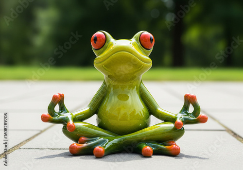 A whimsical green frog figurine with red eyes in a meditative yoga pose on a paved surface, symbolizing peace, mindfulness, or calm.