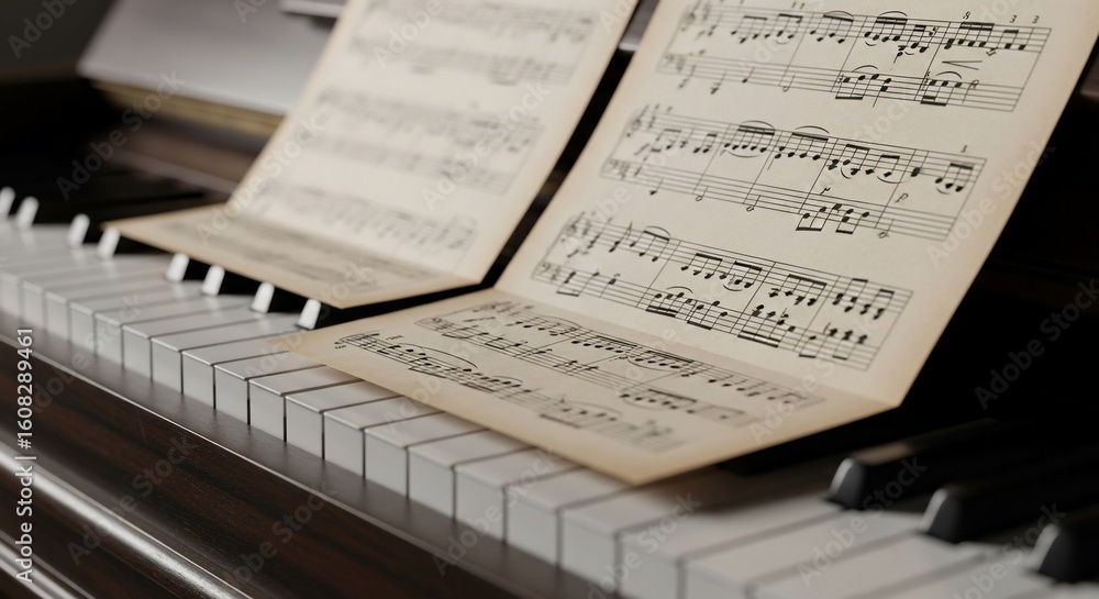 Fototapeta premium Piano keys and sheet music create an artistic ambiance for musical expression