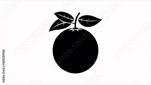 Black and white silhouette illustration of an orange fruit with leaves on a clean white background