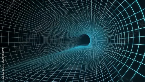 Abstract digital tunnel with glowing grid lines leading into a dark void, creating a sense of depth