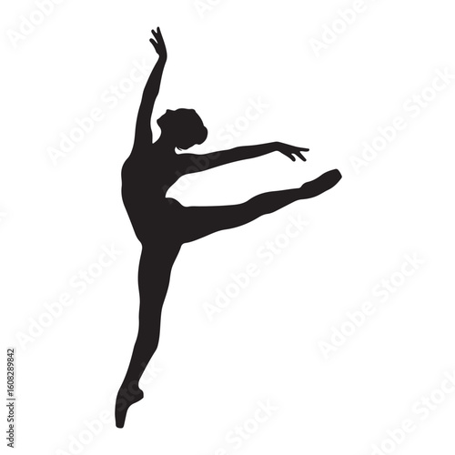 Elegant black silhouette of a female ballet dancer in a graceful jump pose