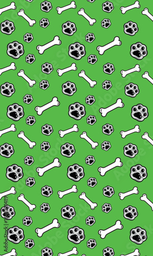 Playful seamless background pattern with cartoon dog paw prints and bones on a green backdrop