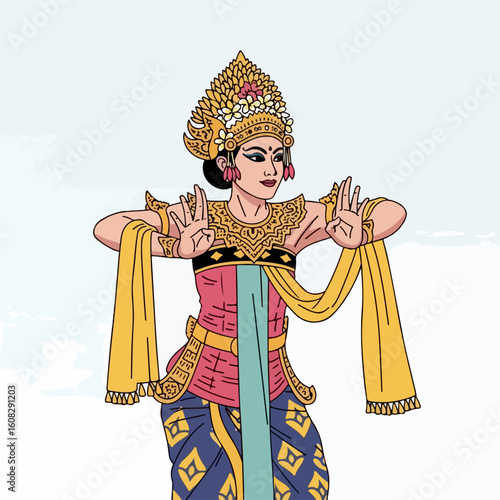  Flat vector of a Balinese female dancer in traditional outfit, performing pose

