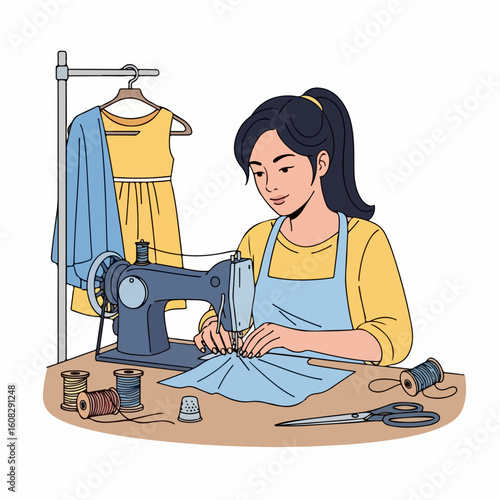 Flat vector of a female tailor sewing clothes on sewing machine
