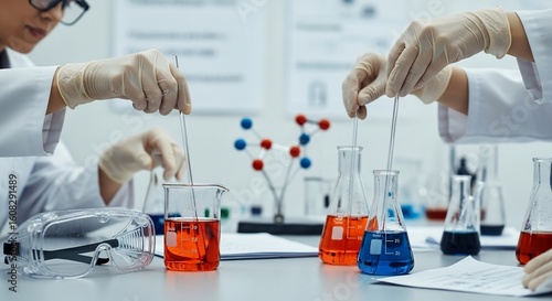 Researchers conducting chemistry experiments in a laboratory with scientific equipment