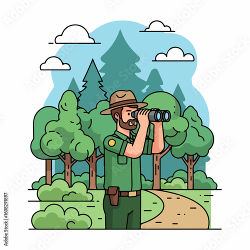 Flat vector of a male forest ranger holding binoculars in forest
