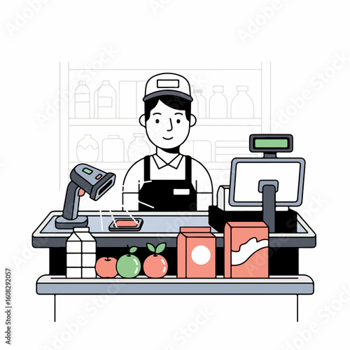 Flat vector of a cashier or store clerk scanning items at a counter
