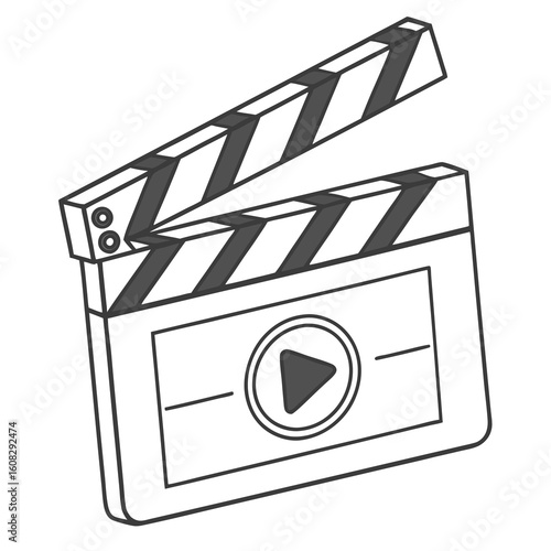 Minimalist Clapperboard with Play Button Icon. Black and White Line Art Vector Illustration for Film, Video Production, and Media Concepts.