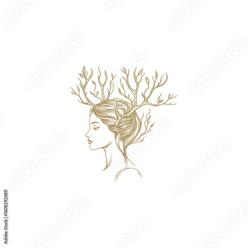 Engraving style illustration of a horned woman with branching antlers, combining elegance and fantasy
