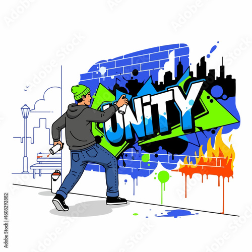 Flat vector of a male street artist painting a wall with spray cans
