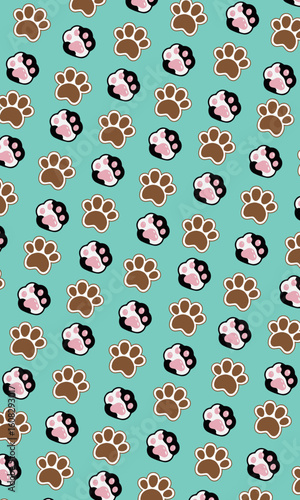 Cute animal paw prints seamless pattern. Adorable cat or dog footprints on a teal background.