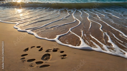 Footprints in the Sand on a Mediterranean Beach — Tranquil Coastal Scene with Gentle Waves, Golden Light, and Traces of Summer by the Sea

