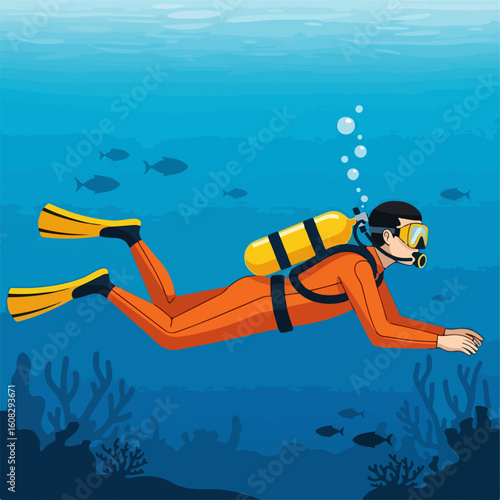 Flat vector of a scuba diver underwater with oxygen tank and flippers
