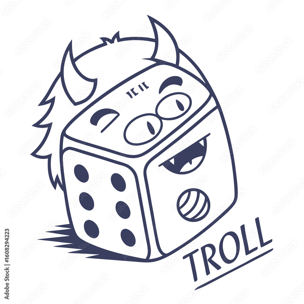 Obraz premium Mischievous Troll Dice Character Illustration with Horns and Fangs. Playful Cartoon Gaming Die Mascot in Clean Line Art Style, Whimsical Fantasy Ga...