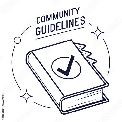 Community Guidelines Book with Checkmark Line Art Illustration - Rules, Policy, and Compliance Concept Icon
