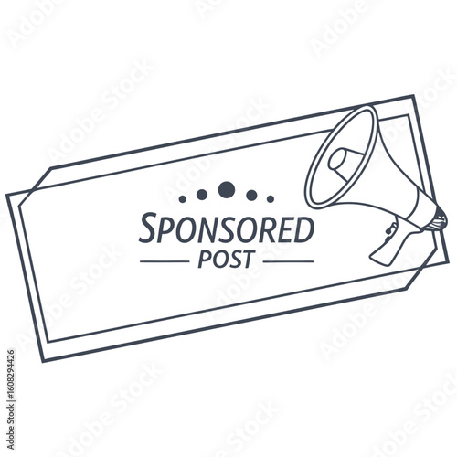Sponsored Post Marketing Announcement Icon with Megaphone and Outline Frame for Social Media Promotion and Digital Advertising Content