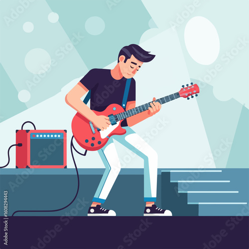  Flat vector of a male guitarist playing electric guitar on stage
