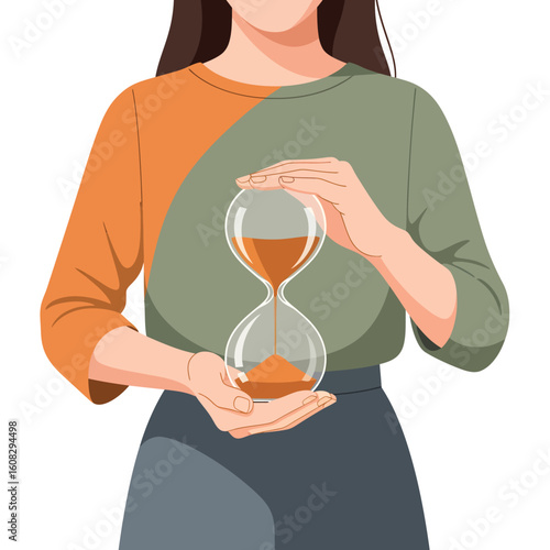 Woman holding an hourglass, symbolizing time management, deadlines, or the passage of time.