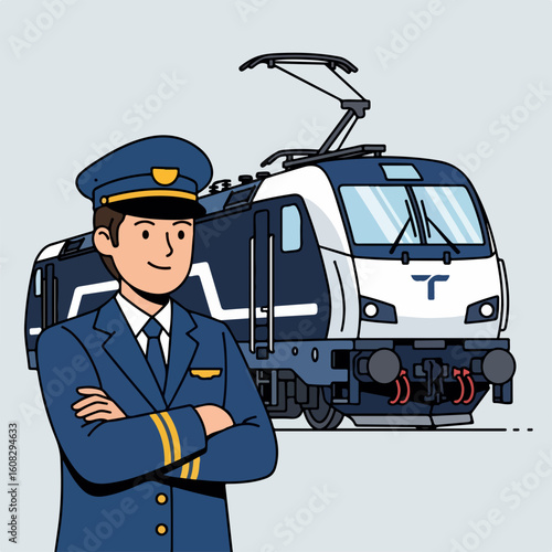 Flat vector of a train driver standing proudly in front of a locomotive