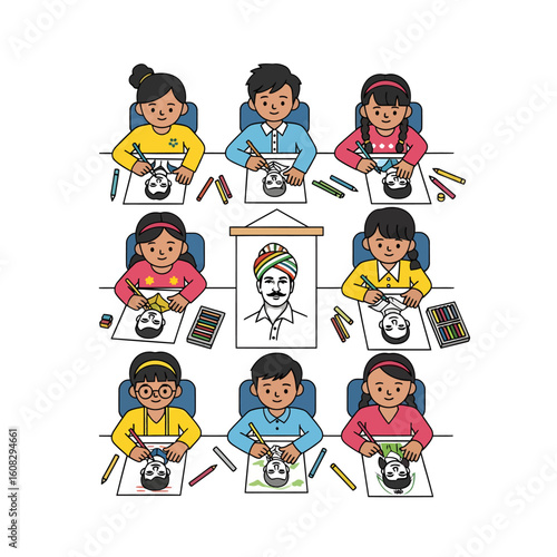 Children in a classroom drawing portraits of a man with a turban, using crayons.