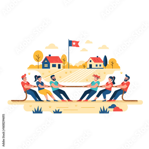 A cartoon depiction of a tug-of-war competition, with people pulling on a rope in a rural setting.