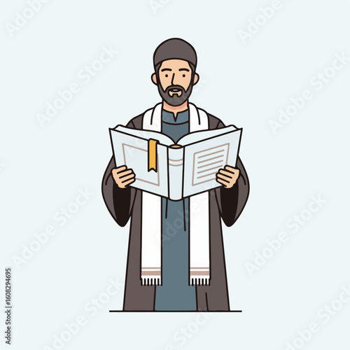 Flat vector of a male religious leader holding a holy book and standing peacefully