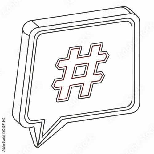 3D Isometric Outline Speech Bubble with Hashtag Icon for Social Media and Digital Communication